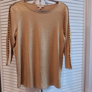 Como Vintage Tan/Gold Sequin Embellished 3/4 Sleeve Blouse Criss Cross Sleeves